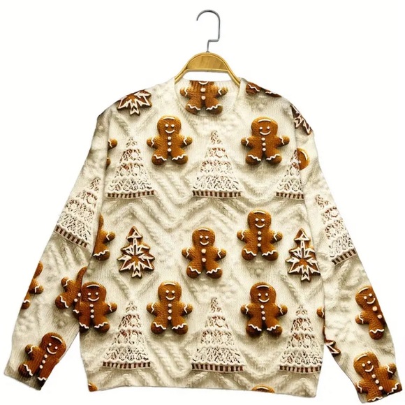 Pullover Top Soft Knit Long Sleeve with Adorable Gingerbread Man w/ Earrings - Picture 8 of 14